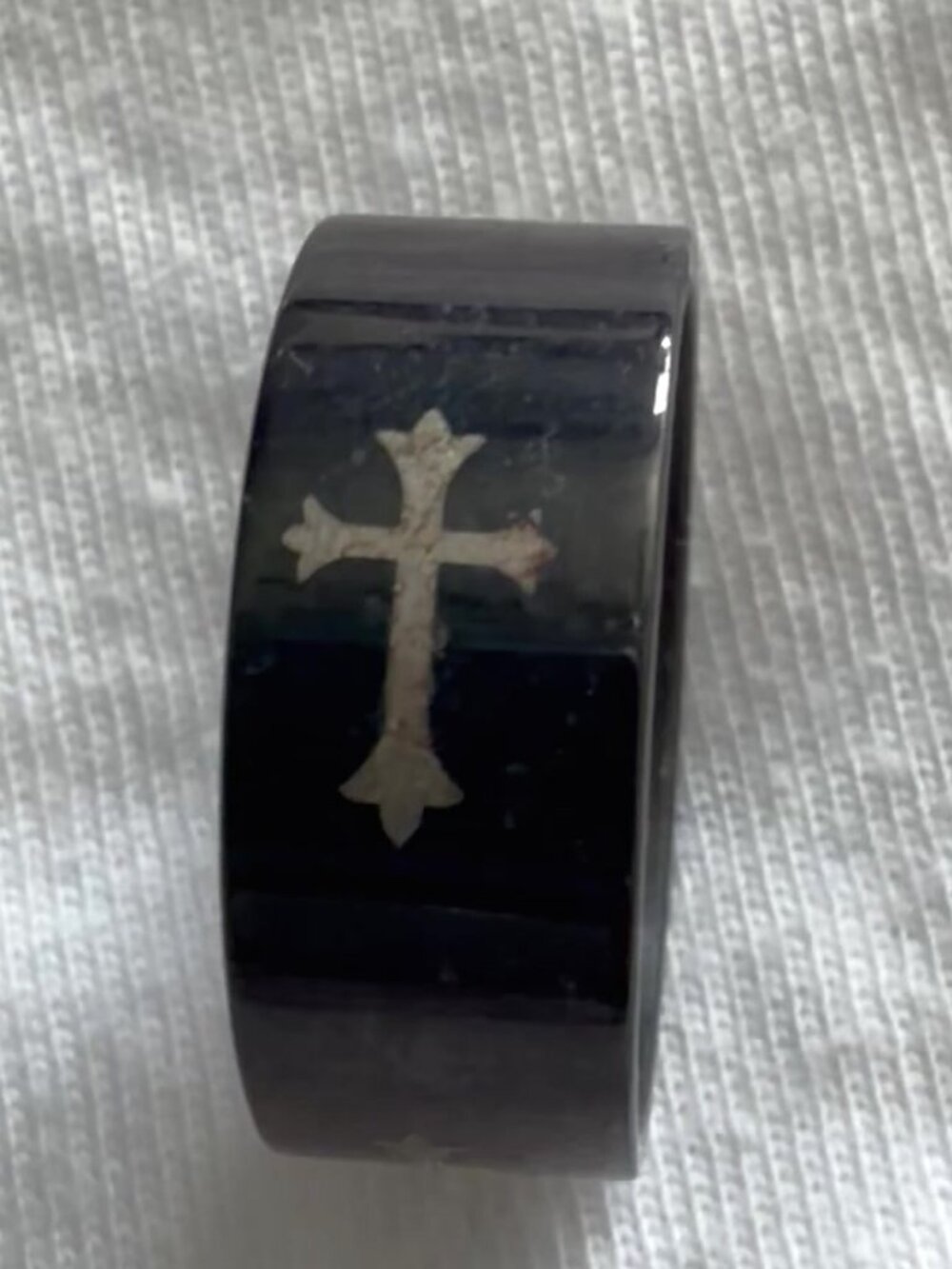 Black Wide Band Ring with Gold Tone Cross Accent